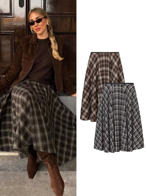 Plaid A-Line Midi Skirt | Women's Vintage Umbrella Skirt with Pockets
