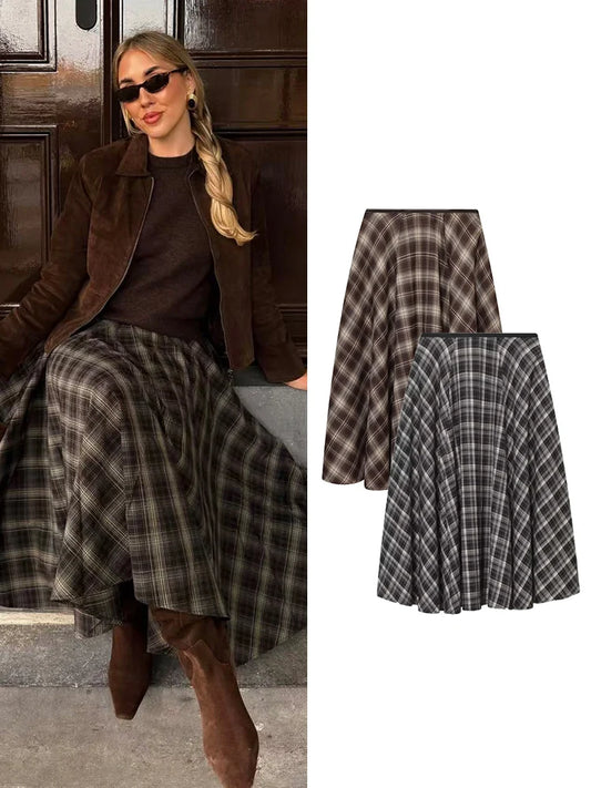Plaid A-Line Midi Skirt | Women's Vintage Umbrella Skirt with Pockets