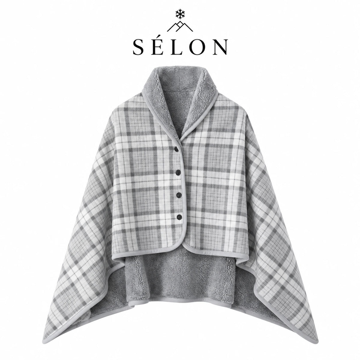 Pale grey check flannel shawl laid flat with a grey fleece lining