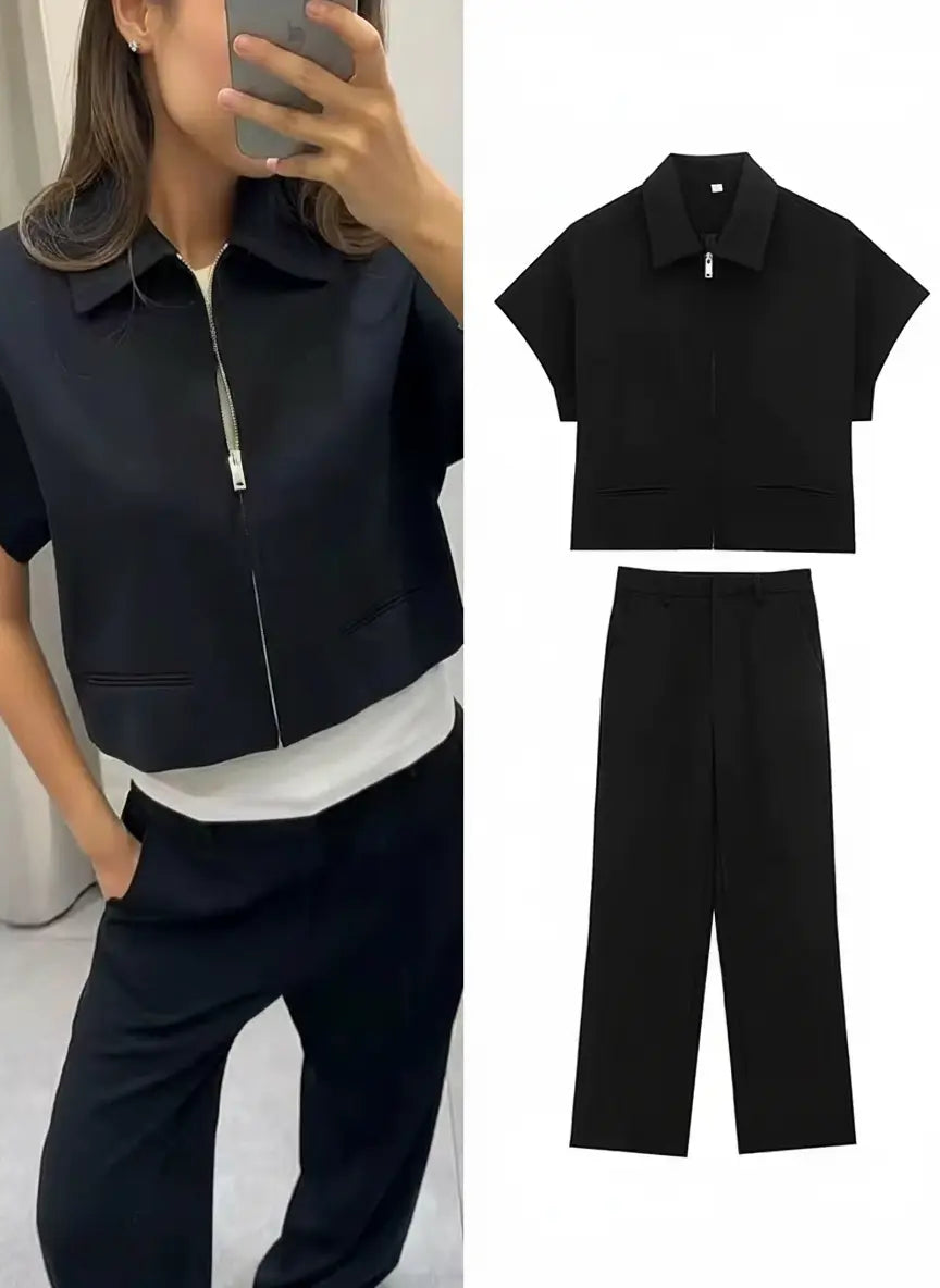 Zip-Front Blazer & Wide-Leg Trousers Set | Women's Summer Two-Piece Co-ord