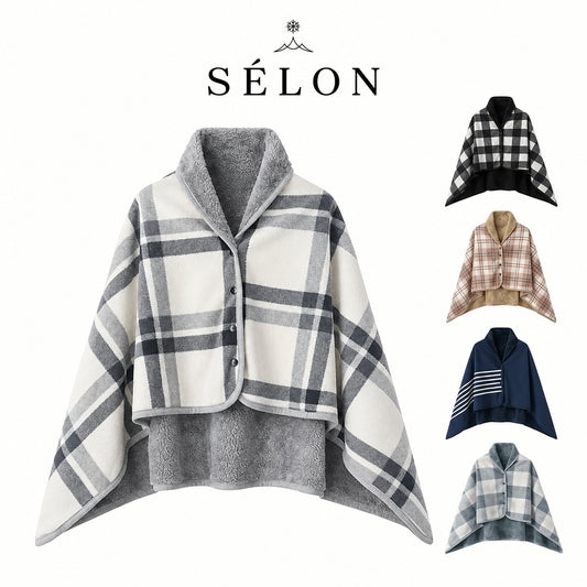 Grey and white check flannel shawl shown flat, with four alternative colourways alongside