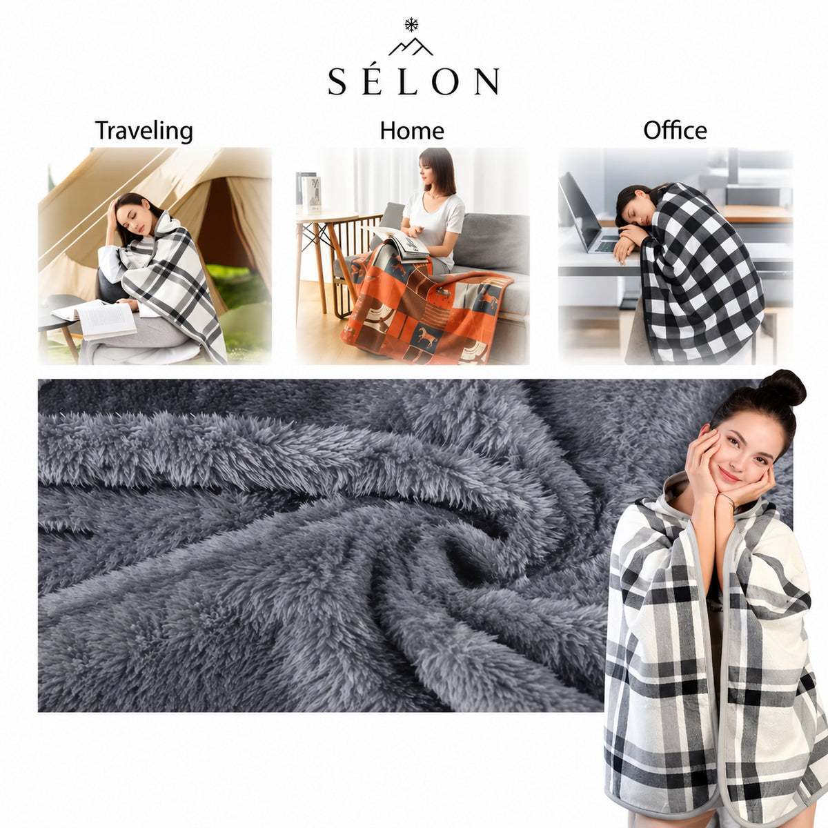 The flannel shawl worn while travelling, at home and at the office, with a fleece lining close-up