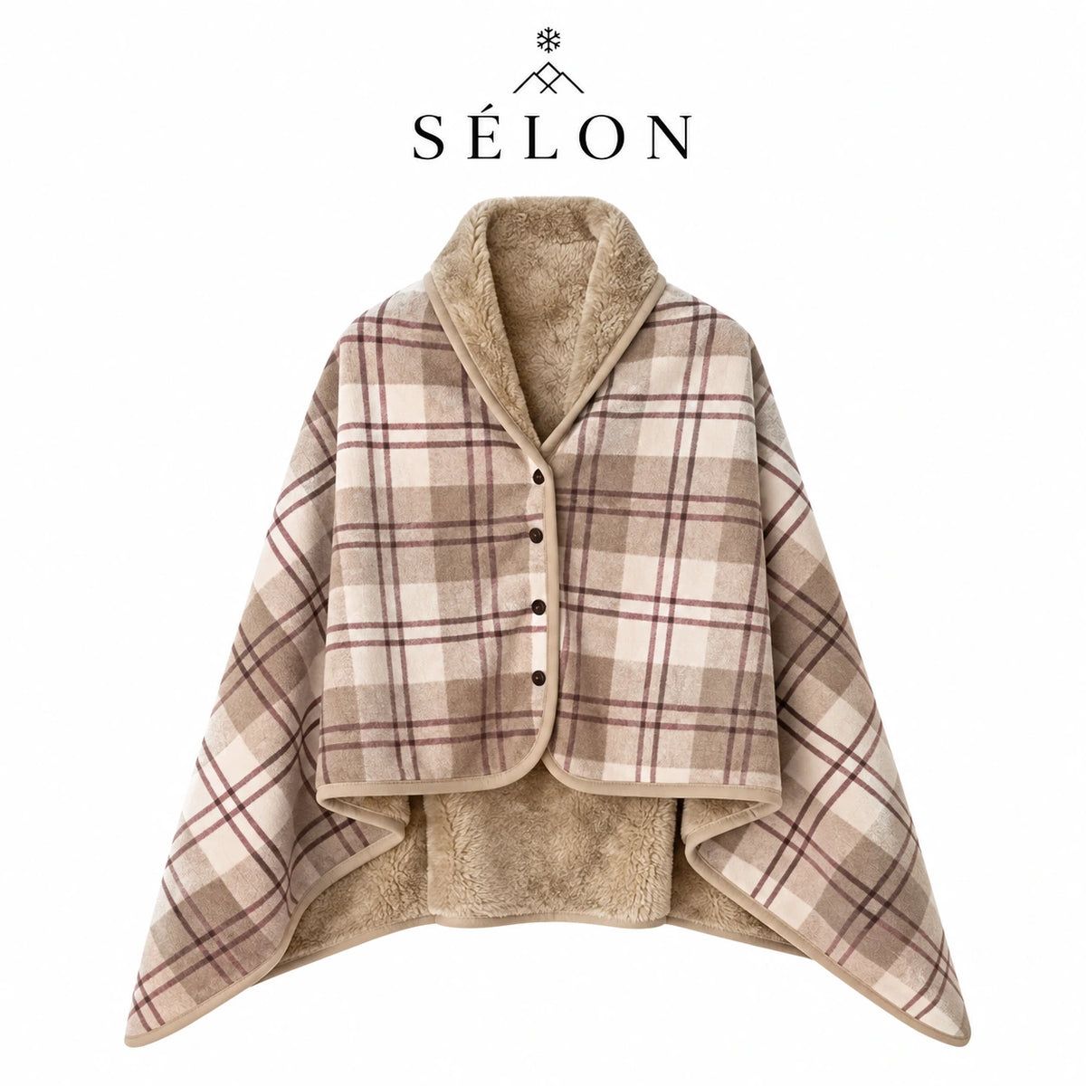 Beige check flannel shawl laid flat, showing the soft sherpa lining