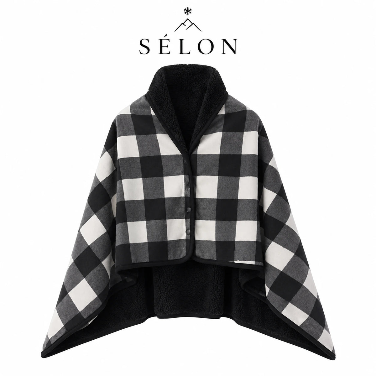 Black and white buffalo check flannel shawl laid flat with black fleece lining
