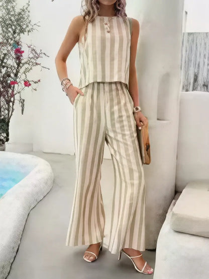 Striped Vest & Wide-Leg Trouser Set | Women's Two-Piece Loose Outfit