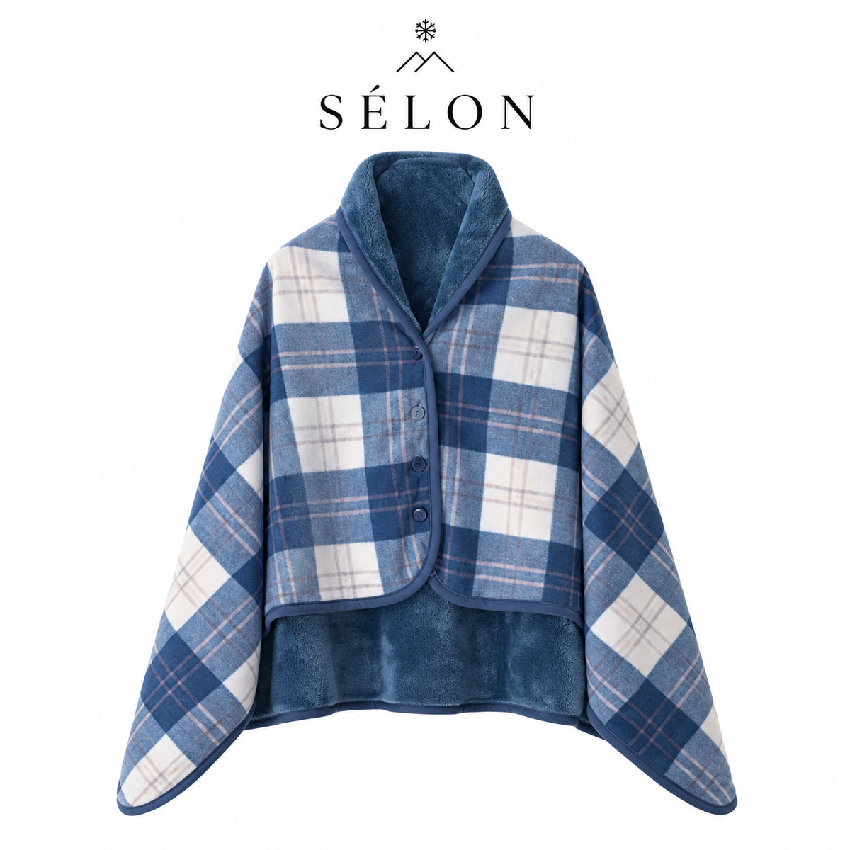 Blue and white check flannel shawl laid flat with blue fleece lining