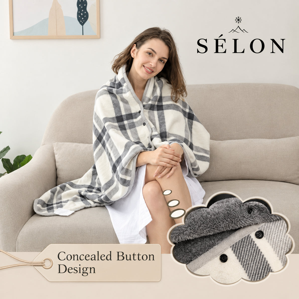 Woman on a sofa in the flannel shawl, showing the concealed button fastening