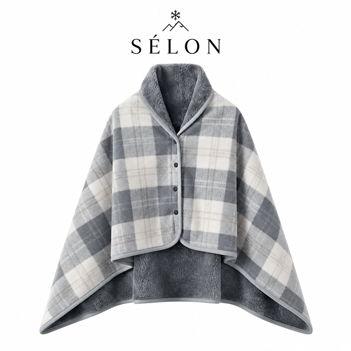 Grey check flannel shawl laid flat, showing the button front and draped hem