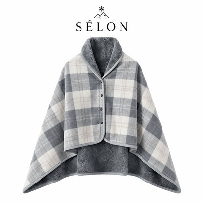 Grey check flannel shawl laid flat, showing the button front and draped hem