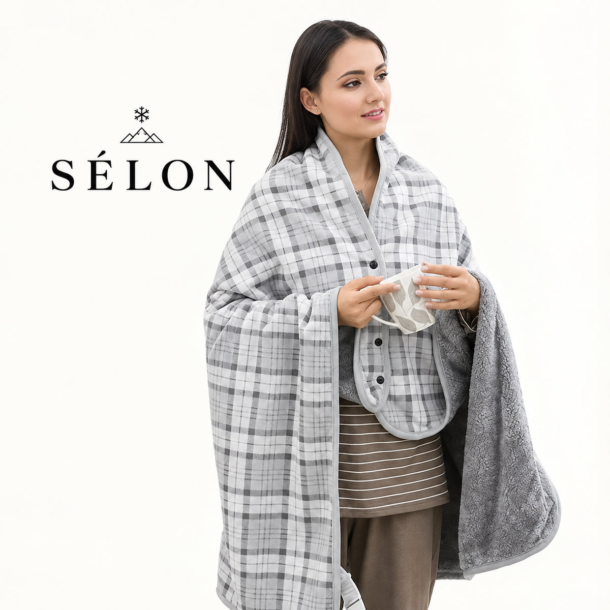 Woman standing in the grey check flannel shawl, front view with arms left free
