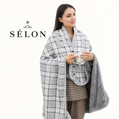 Woman standing in the grey check flannel shawl, front view with arms left free