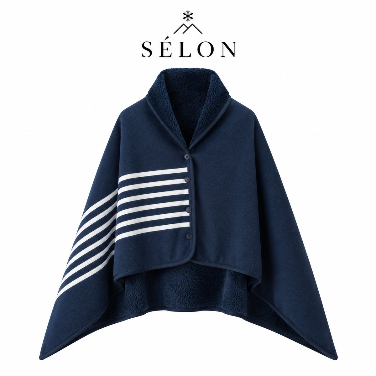 Navy flannel shawl with white stripes laid flat, buttoned at the collar