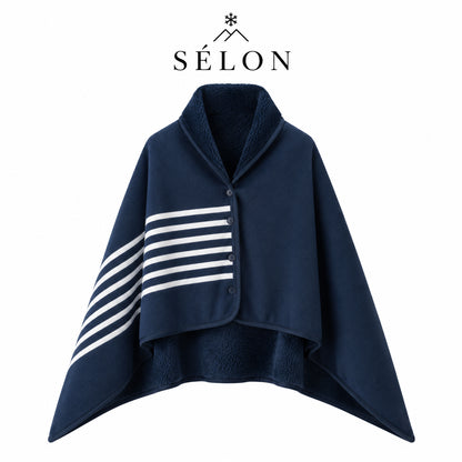 Navy flannel shawl with white stripes laid flat, buttoned at the collar