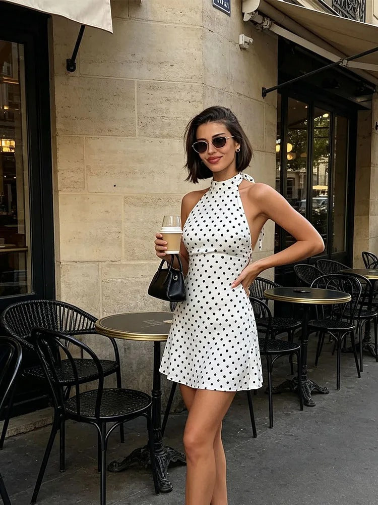 Halter Dot Print Mini Dress | Women's Backless Sheath Summer Dress