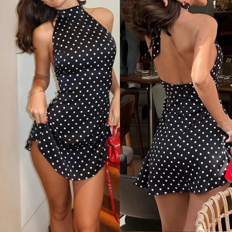 Halter Dot Print Mini Dress | Women's Backless Sheath Summer Dress