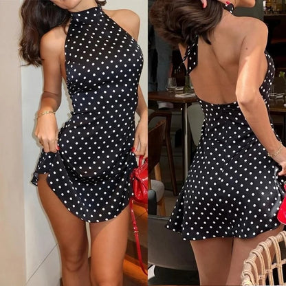 Halter Dot Print Mini Dress | Women's Backless Sheath Summer Dress