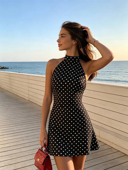 Halter Dot Print Mini Dress | Women's Backless Sheath Summer Dress