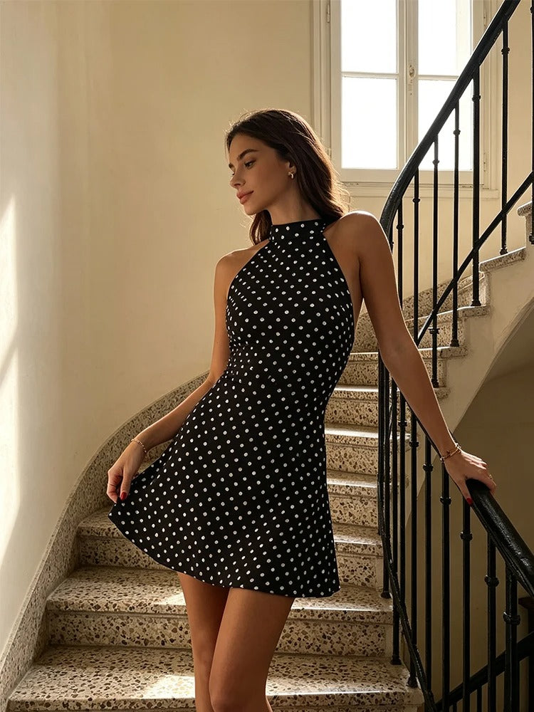 Halter Dot Print Mini Dress | Women's Backless Sheath Summer Dress