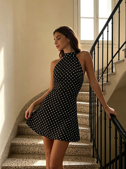 Halter Dot Print Mini Dress | Women's Backless Sheath Summer Dress